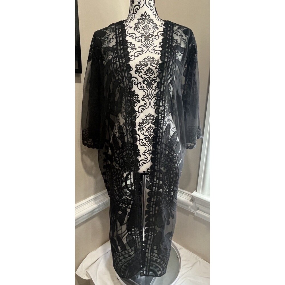 Y2K Womens Black One Size Sheer Mesh Lace Duster Cardigan Whimsigoth Victorian